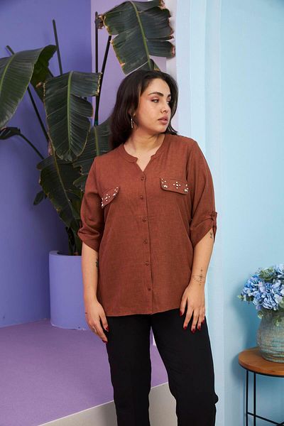 RMG Large Size Brown Shirt with Pocket Cover Stone Detail