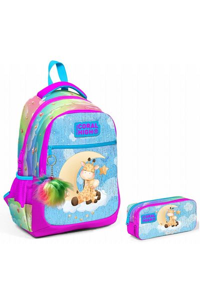 Coral High Set rucsac și suport stilou pentru școală primară girafă roz albastră