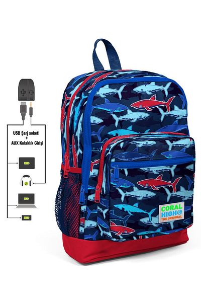 Coral High Set Genți pentru școala primară pentru băieți cu imprimeu Blue Shark - cu port USB