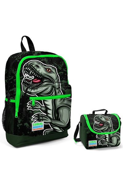 Coral High Geantă de școală primară pentru băiat cu imprimeu din dinozaur verde și set de prânz