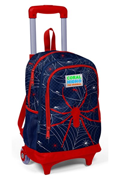 Coral High حقيبة مدرسية بعجلات مضيئة بنمط عنكبوت باللون الأزرق الداكن والأحمر...