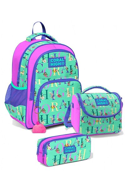Coral High Set rucsac pentru școală primară cu trei ochi, verde deschis, roz, scris pentru fetiță