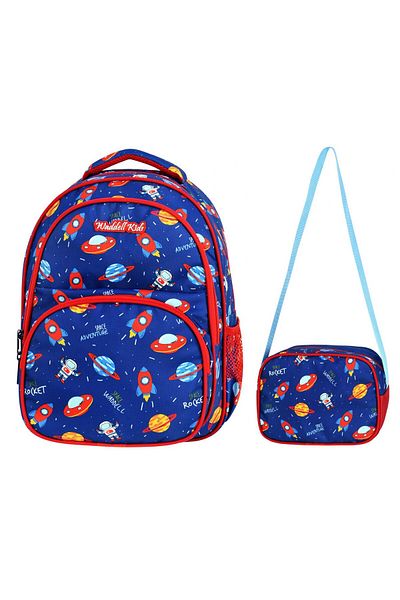Puzmo Geantă Waddell, ghiozdan spațial bleumarin și set cutie de prânz - băiat
