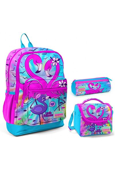Coral High Set de genți pentru școală primară triplă Blue Pink Flamingo
