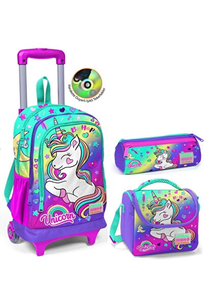 Coral High Su Yeşili Lavanta Unicorn Çekçek Okul Çantası Seti - Işıklı Tekerl...