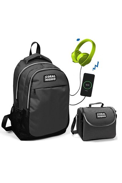 Yaygan Coral High Black-gray School and Lunch Box - Boy - With USB Socket