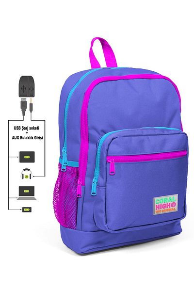 Coral High Set rucsac și pix pentru școală primară violet - fetiță - cu priză USB