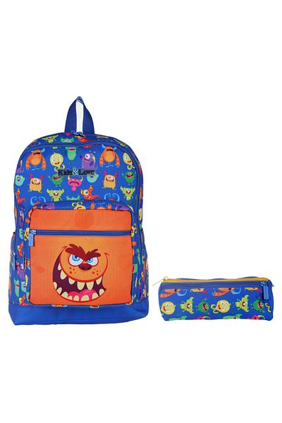 KAUKKO Kids&love Blue Cute Monsters Set geantă și suport stilou pentru școală primară - băiat