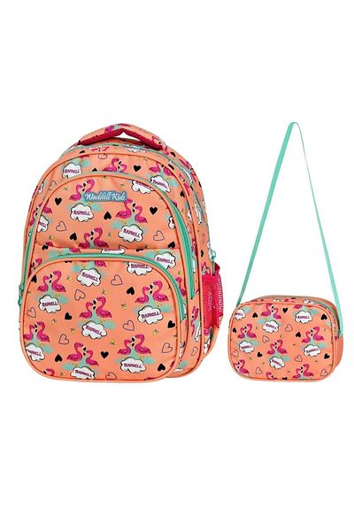 Puzmo Geantă pentru școală primară pentru fete Waddell Orange Flamingo Somon și cutie de prânz