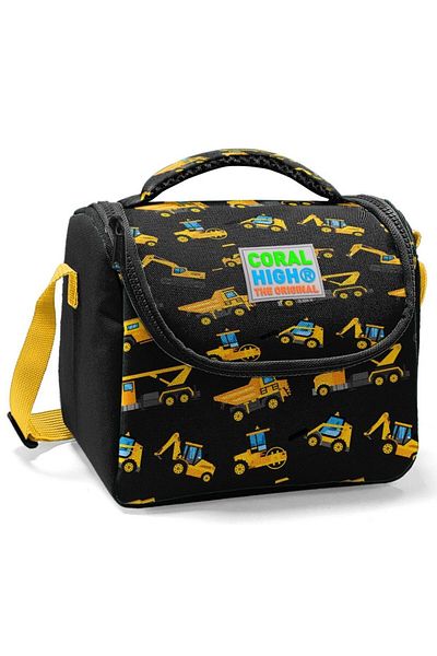 Coral High Geantă de prânz școlară imprimată cu vehicule de lucru galben negru