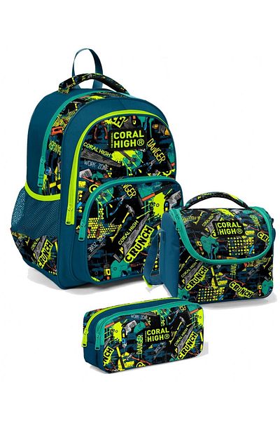 Coral High Set de rucsac pentru școală primară cu trei ochi pentru băiat cu scris verde