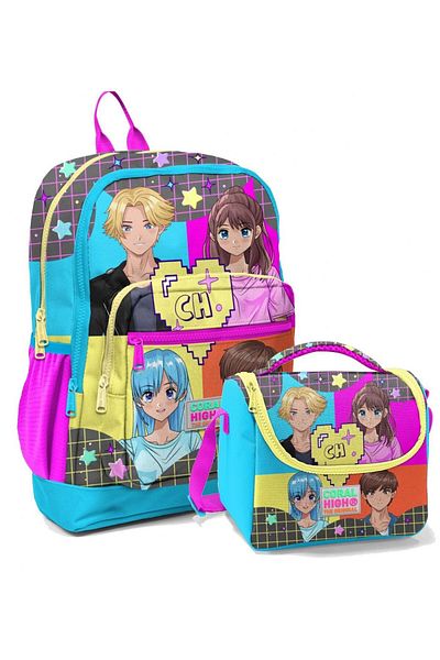 Coral High Set rucsac și geantă de prânz pentru școală, albastru, roz, anime - fetiță - patru compartimente