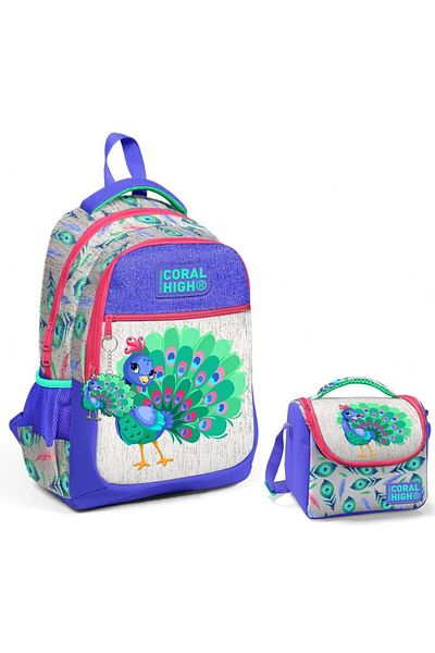 Coral High Set rucsac și geantă de prânz pentru școală cu păun albastru verde - fetiță
