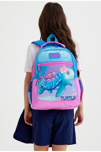 Coral High Rucsac pentru fete pentru școală primară și gimnaziu - țestoasă albastră roz