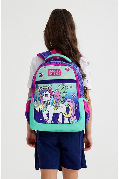 Coral High Set rucsac și pix pentru școală primară Pegasus verde violet