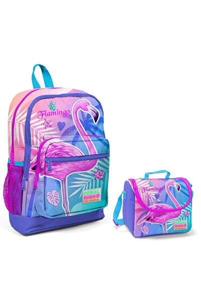 Coral High Шкільний рюкзак для дівчаток з принтом фламінго та набір для харчу...