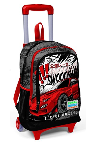 Coral High عربة سباق مضاءة بعجلات للمدرسة وحقيبة سفر للأولاد باللون الأحمر وا...