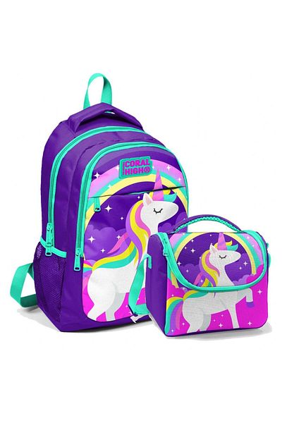 Coral High Set rucsac și geantă de prânz pentru fete cu model unicorn albastru