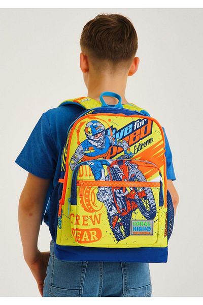 Coral High Set rucsac și geantă de prânz pentru școala primară - băiat de motocicletă galben albastru