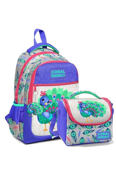 Coral High Set rucsac și geantă de prânz pentru școală - Păun albastru verde pentru fete