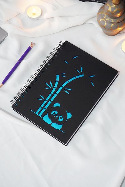 markcat Panda Design Black Wooden Cover Notebook - Unlined Notebook - Gift Diary - Agenda - A5 Notebook