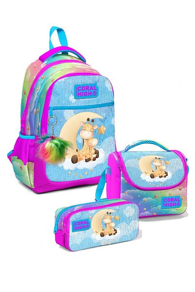 Coral High Rucsac de școală cu trei compartimente pentru fete, set cutie de prânz și suport pentru stilouri, girafă albastră roz