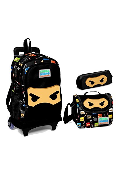 Coral High طقم حقيبة مدرسية بعجلات منقوشة باللون الأسود