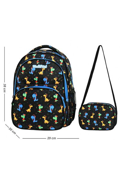 Puzmo Geantă Waddell Cute Dinozauri Set ghiozdan și cutie de prânz - Băiat - Negru