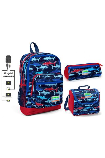 Coral High Set Genți pentru școala primară pentru băieți cu imprimeu Blue Shark - cu port USB