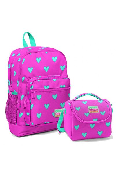Coral High Girl's Primary School School Backpack and Lunch Bag Set Pink Hearts