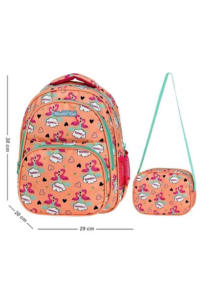 Puzmo Geantă pentru școală primară pentru fete Waddell Orange Flamingo Somon și cutie de prânz