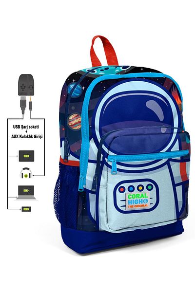Coral High Rucsac pentru școală primară și zilnică cu imprimeu astronaut albastru - băiat - cu priză USB și Aux