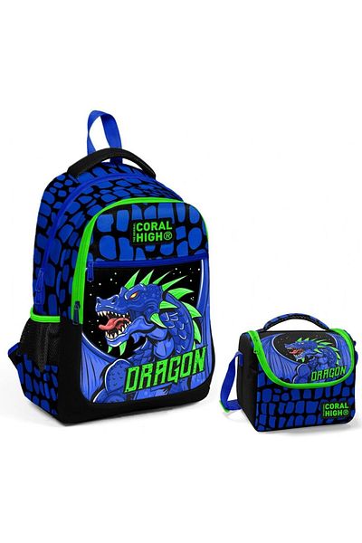 Coral High Set rucsac și geantă de prânz pentru școală primară Blue Green Dragon - Băiat