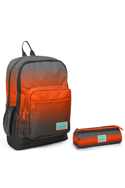 Coral High Black Orange Gradient Primary School Backpack and Pen Holder Set