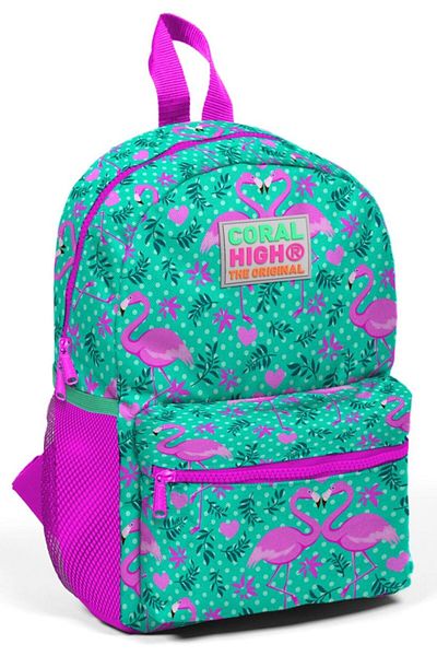 Coral High Cuib imprimat cu flamingo verde, creșă și rucsac zilnic - fetiță
