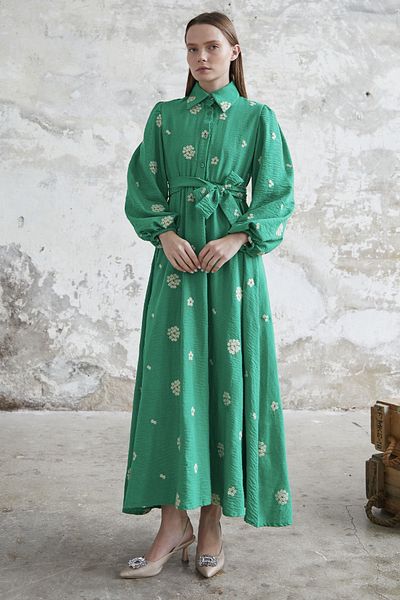 InStyle Floral Embroidered Linen Dress - Green
