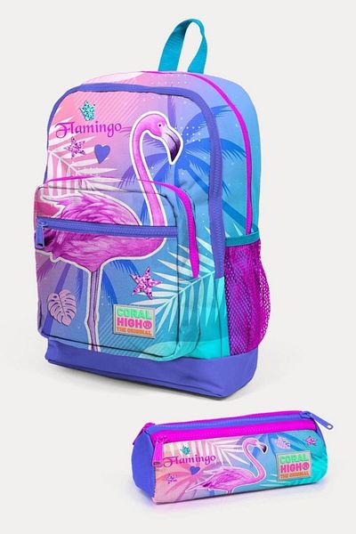 Coral High Set de geanți de școală din 2 piese cu model flamingo roz lavandă pentru copii - fetiță
