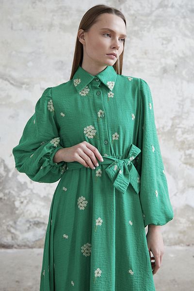 InStyle Floral Embroidered Linen Dress - Green