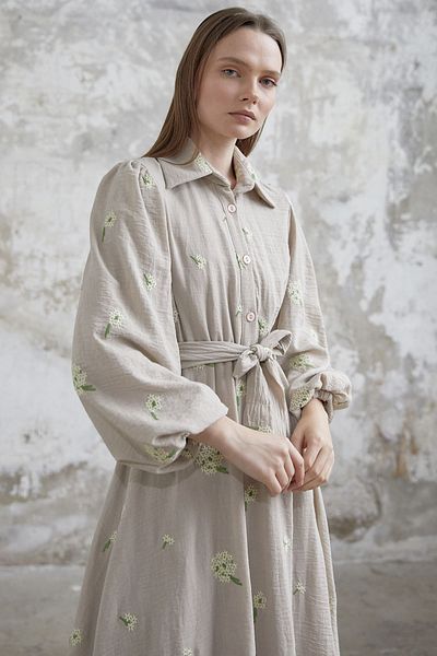 InStyle Floral Embroidered Linen Dress - Beige