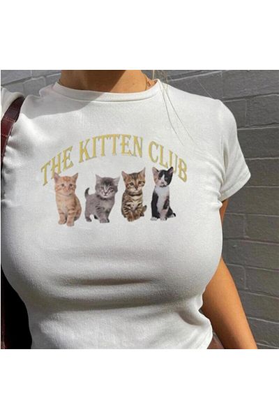 Touz My VISION - The Kitten Club Printed Crop Top White