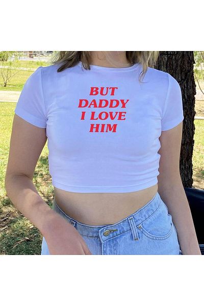 Touz EYSA - Τυπωμένο λευκό Crop Top 'But Daddy I Love Him'