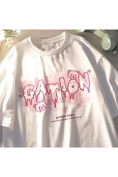 Touz Moda Λευκό μπλουζάκι Unisex Oversize - Retro Cation Printed