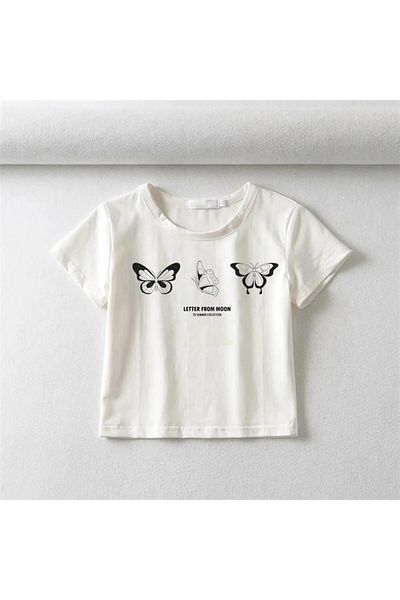 Touz My VISION - White Crop Top, Triple Butterfly Printed