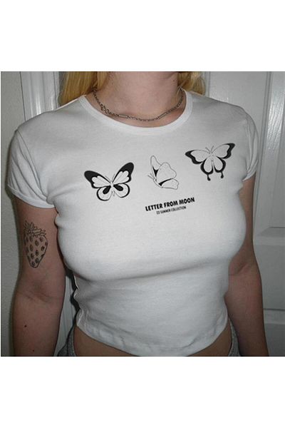 Touz My VISION - White Crop Top, Triple Butterfly Printed