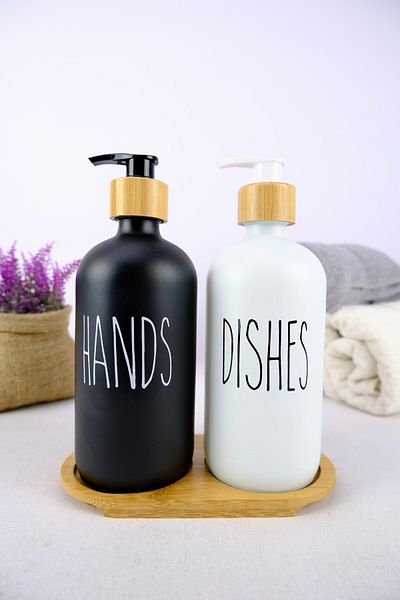 Digithome 2-Piece Glass Liquid Soap and Dish Detergent Bottle with Wooden Stand Soap Dispenser 500 Ml - E/6 C1-1-2