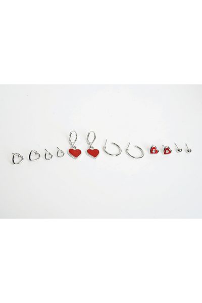 EUROMODA Set of 6 Earrings with Red Heart Hoop and Ball Earrings with Heart Design