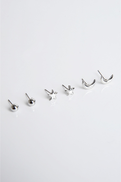 EUROMODA Ay Yıldızlı Top Küpeli Gümüş Kaplamalı Küpe Seti