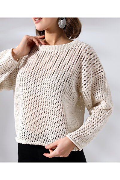 KOÇER 10 NUMARA MODA Kadın Bisiklet Yaka Ajurlu Delikli Mevsimlik Triko KAZAK