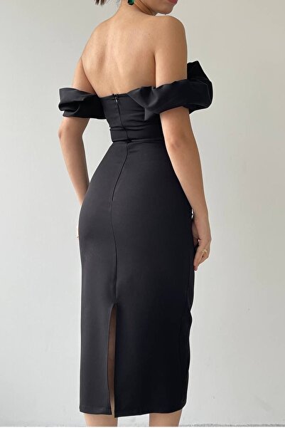 vuvutasarım Μαύρο ύφασμα άτλας στράπλες γιακάς με ανοιχτό ώμο και σχισμή με λεπτομέρεια Midi Pencil Φόρεμα 219