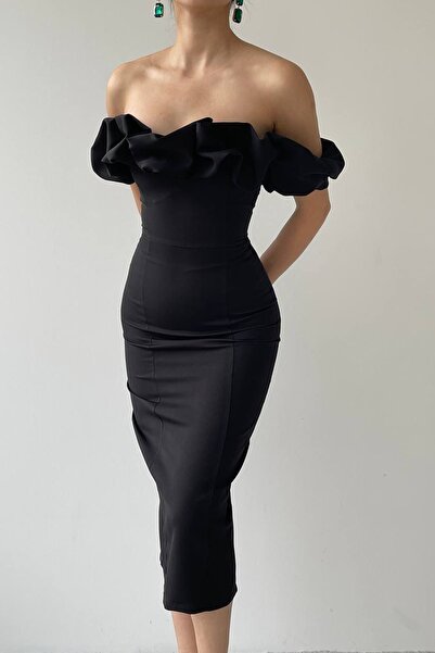 vuvutasarım Μαύρο ύφασμα άτλας στράπλες γιακάς με ανοιχτό ώμο και σχισμή με λεπτομέρεια Midi Pencil Φόρεμα 219